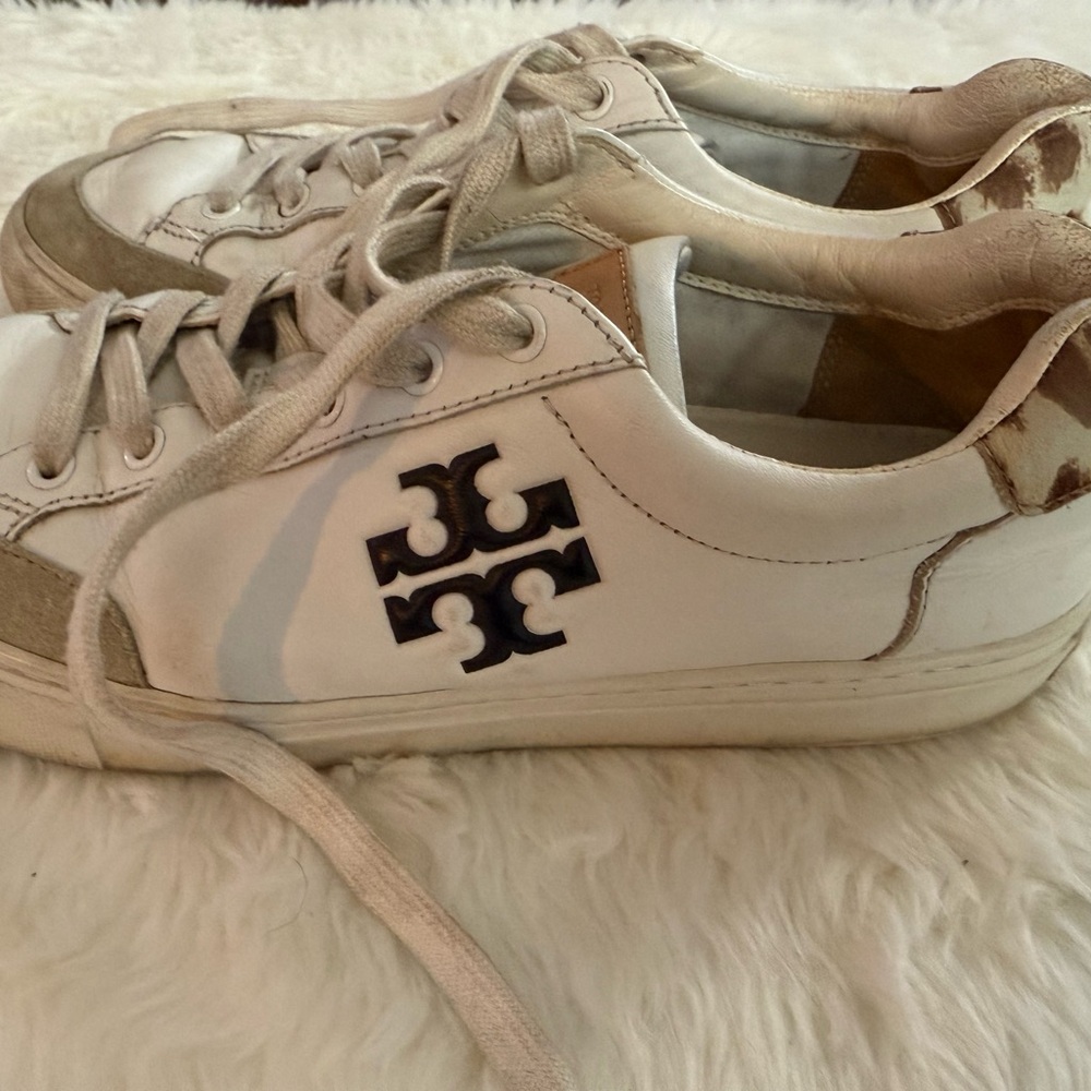 Tory Burch White Sneakers with Black Logo & Leopard Backs Size 8